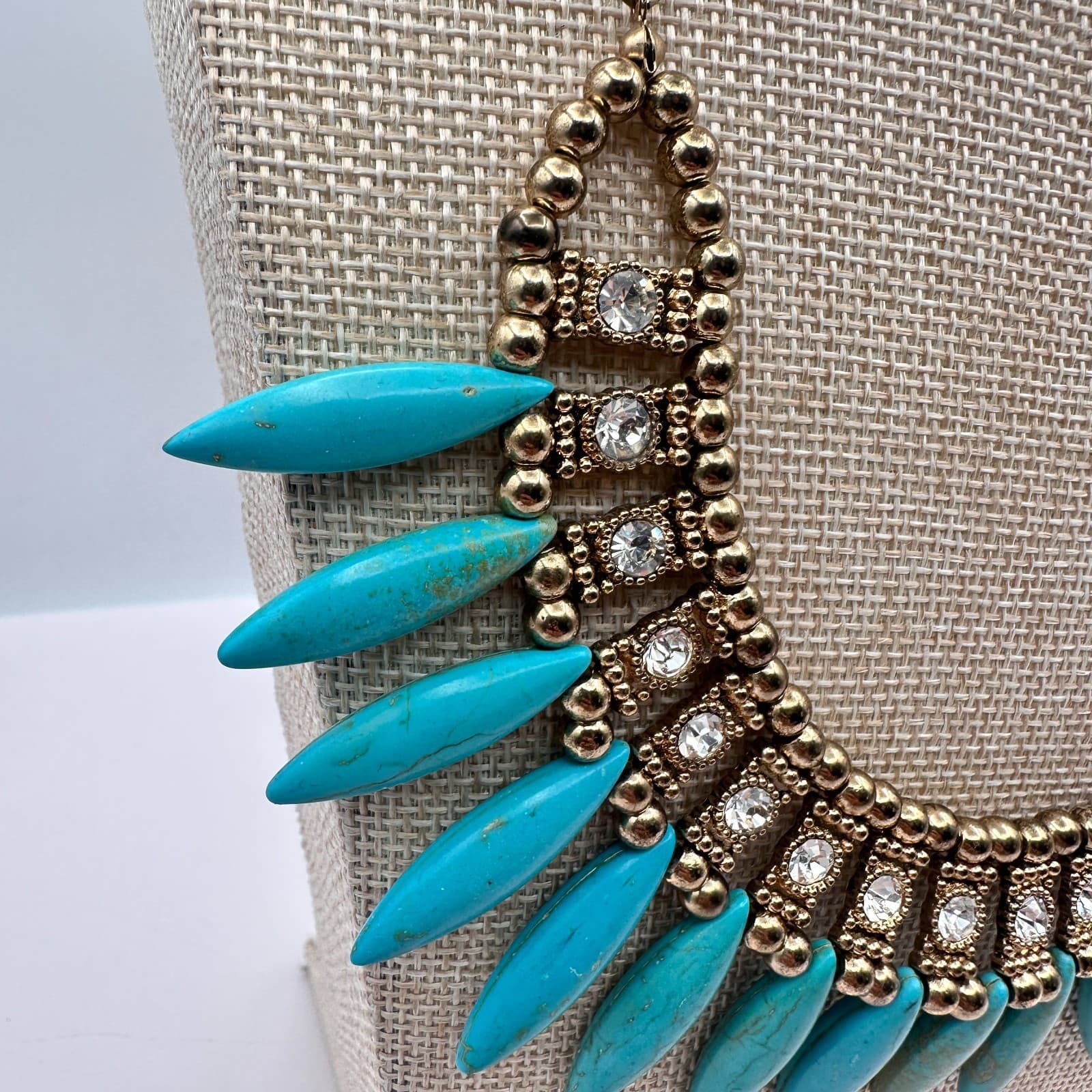 Vintage 90s Gold Tone Turquoise Clear Rhinestone Bib Necklace Women's Jewelry - Thumbnail 10