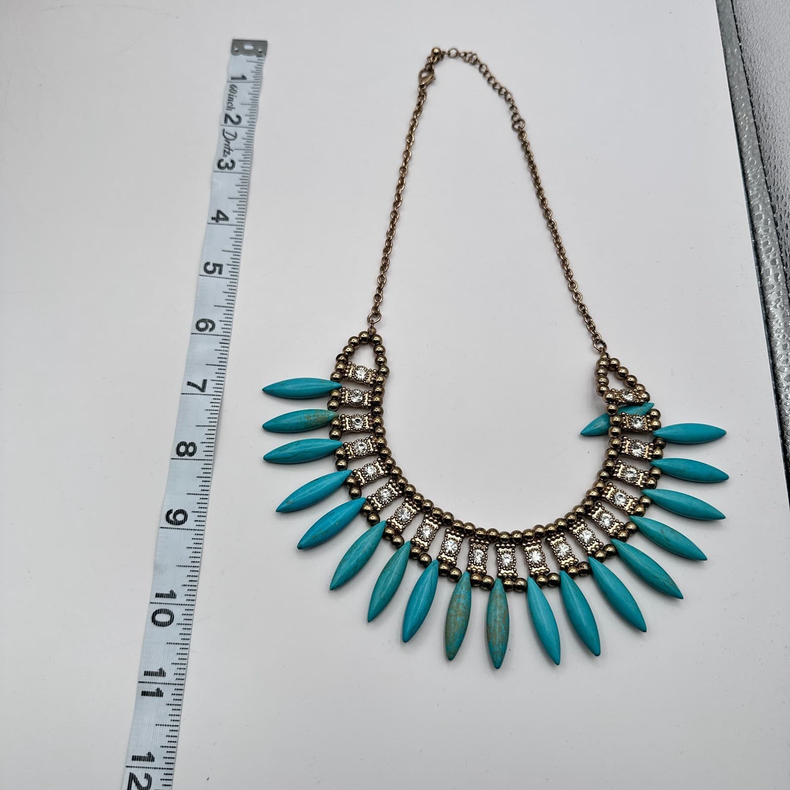 Vintage 90s Gold Tone Turquoise Clear Rhinestone Bib Necklace Women's Jewelry - Thumbnail 9