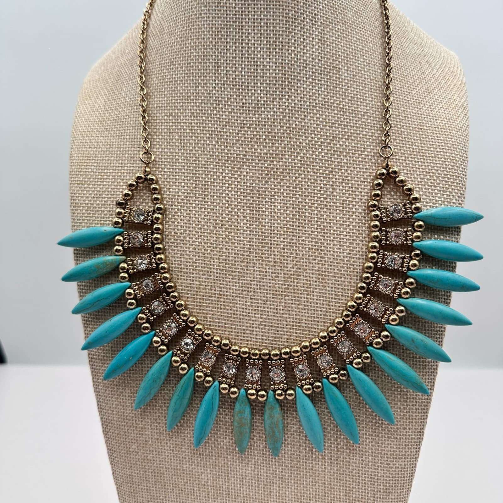 Vintage 90s Gold Tone Turquoise Clear Rhinestone Bib Necklace Women's Jewelry - Thumbnail 4
