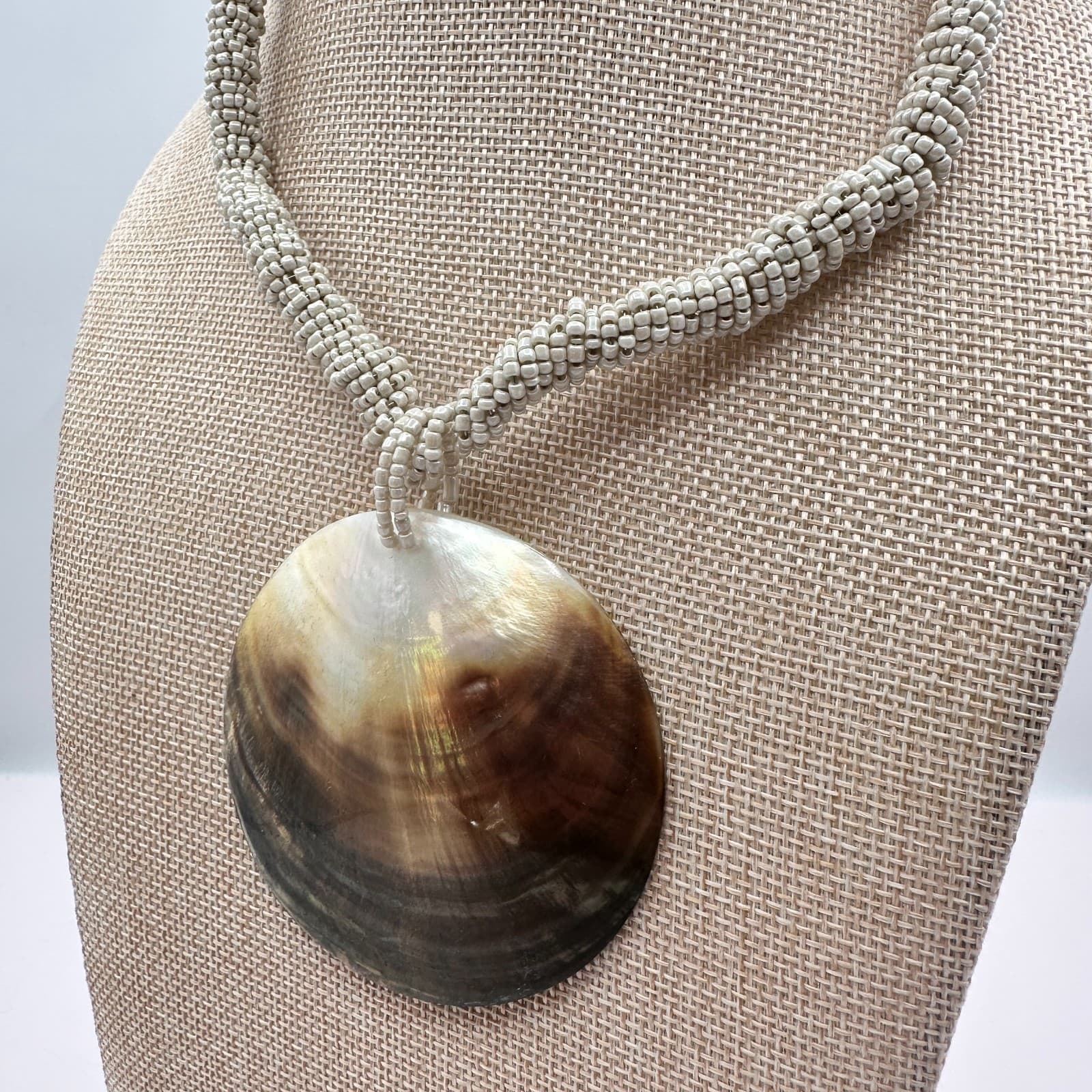 Vintage 80s Pearl Disc Necklace Braided Seed Bead Statement Classic Jewelry Boho - Thumbnail 9