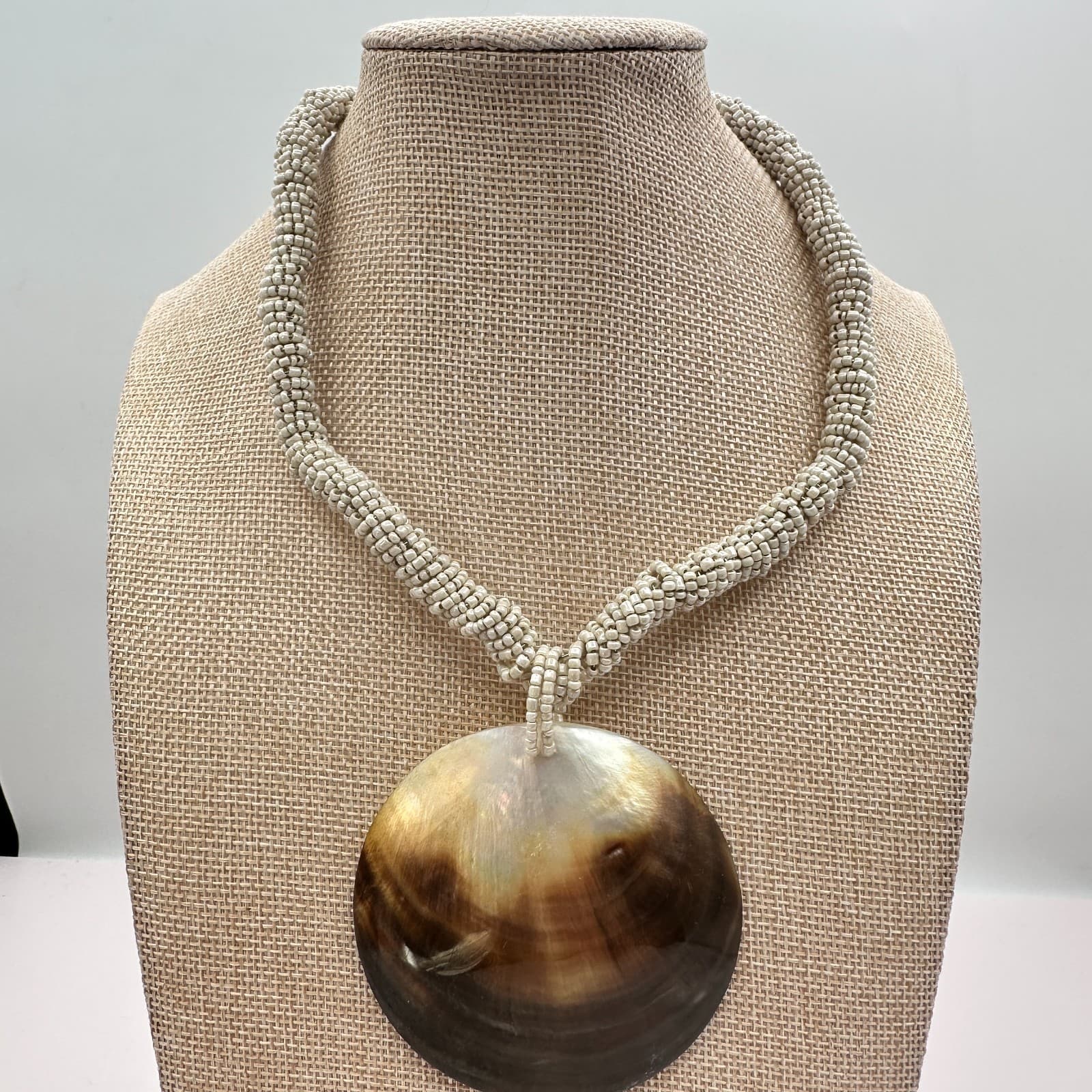 Vintage 80s Pearl Disc Necklace Braided Seed Bead Statement Classic Jewelry Boho - Thumbnail 8