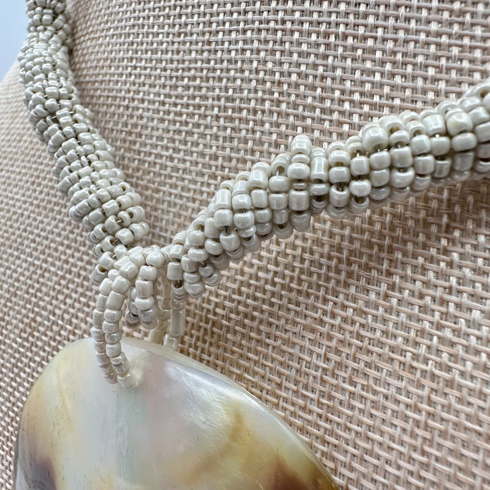 Vintage 80s Pearl Disc Necklace Braided Seed Bead Statement Classic Jewelry Boho - Thumbnail 5