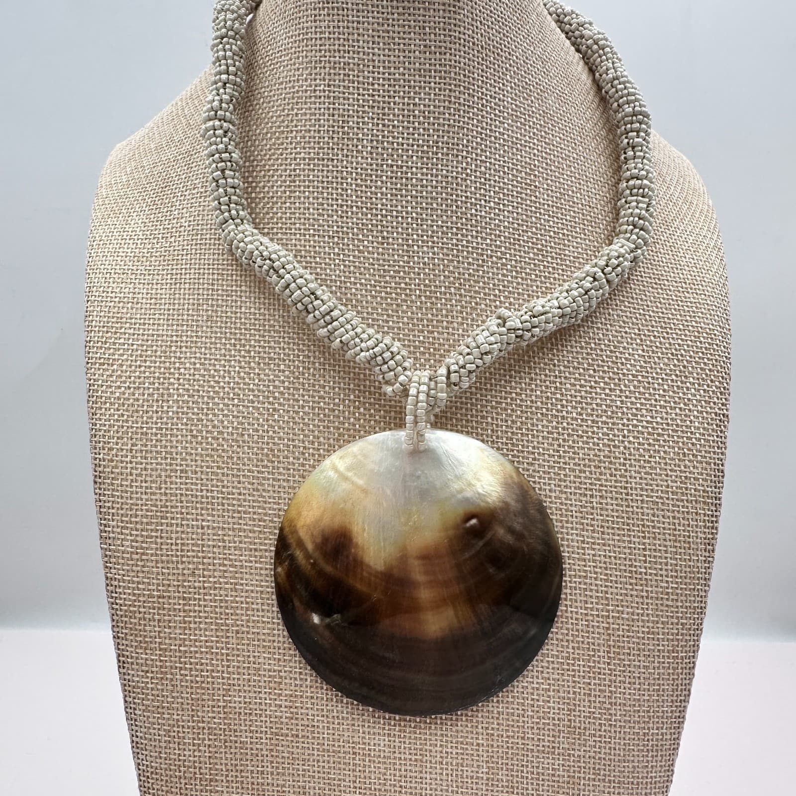 Vintage 80s Pearl Disc Necklace Braided Seed Bead Statement Classic Jewelry Boho - Thumbnail 10