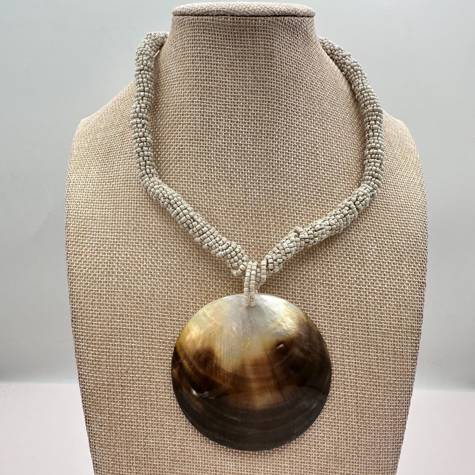 Vintage 80s Pearl Disc Necklace Braided Seed Bead Statement Classic Jewelry Boho - Thumbnail 4