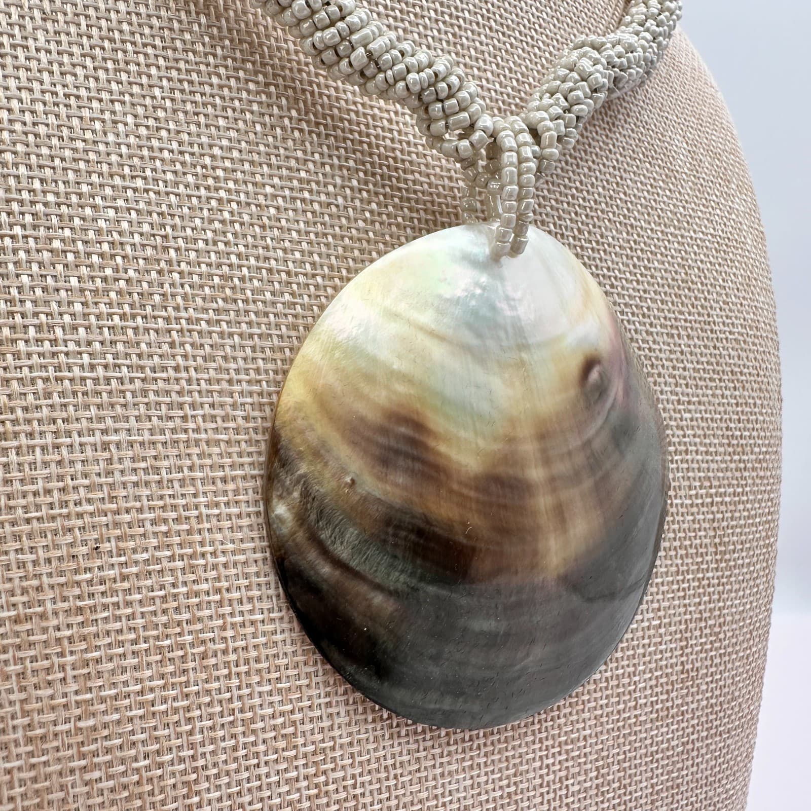 Vintage 80s Pearl Disc Necklace Braided Seed Bead Statement Classic Jewelry Boho - Thumbnail 3