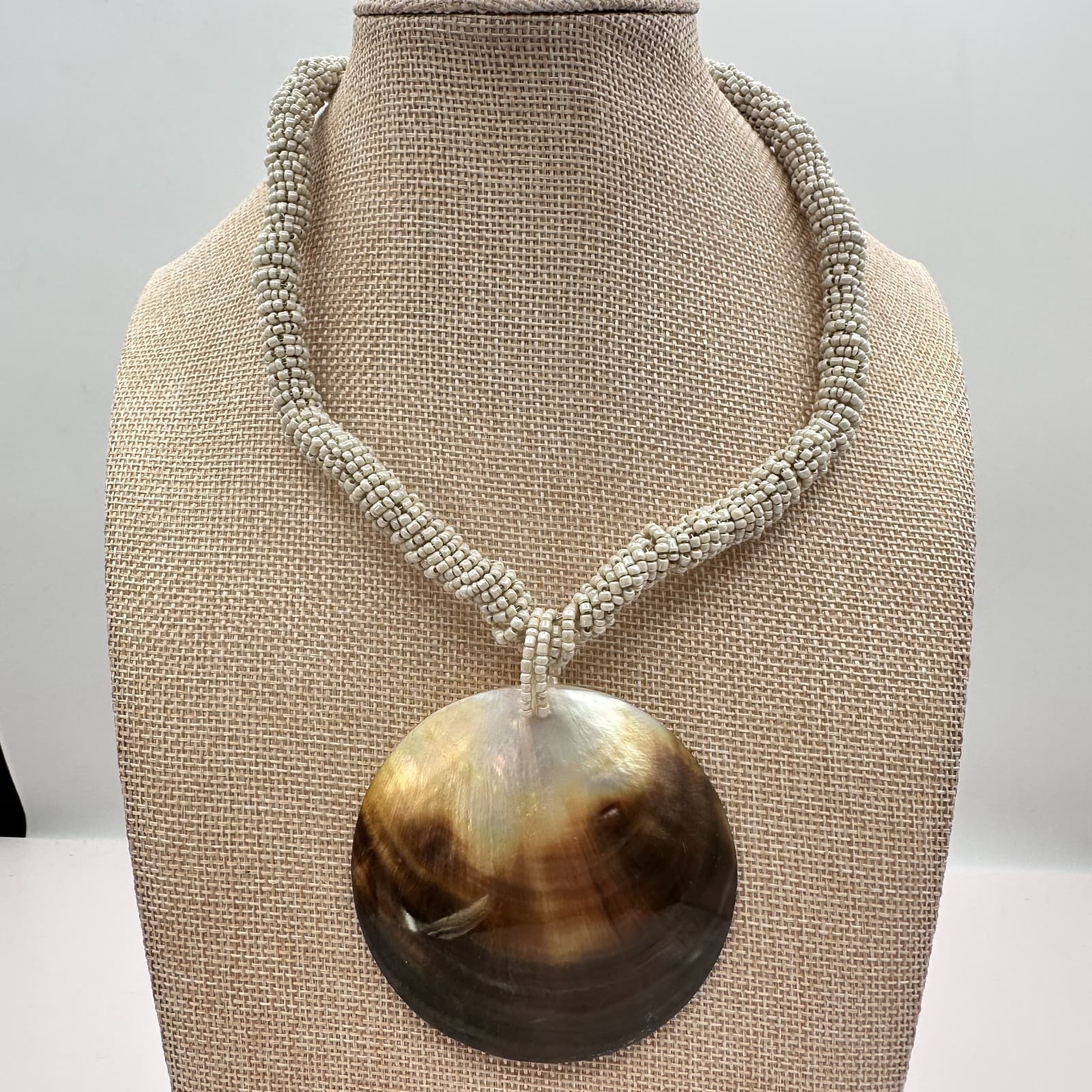 Vintage 80s Pearl Disc Necklace Braided Seed Bead Statement Classic Jewelry Boho - Thumbnail 2