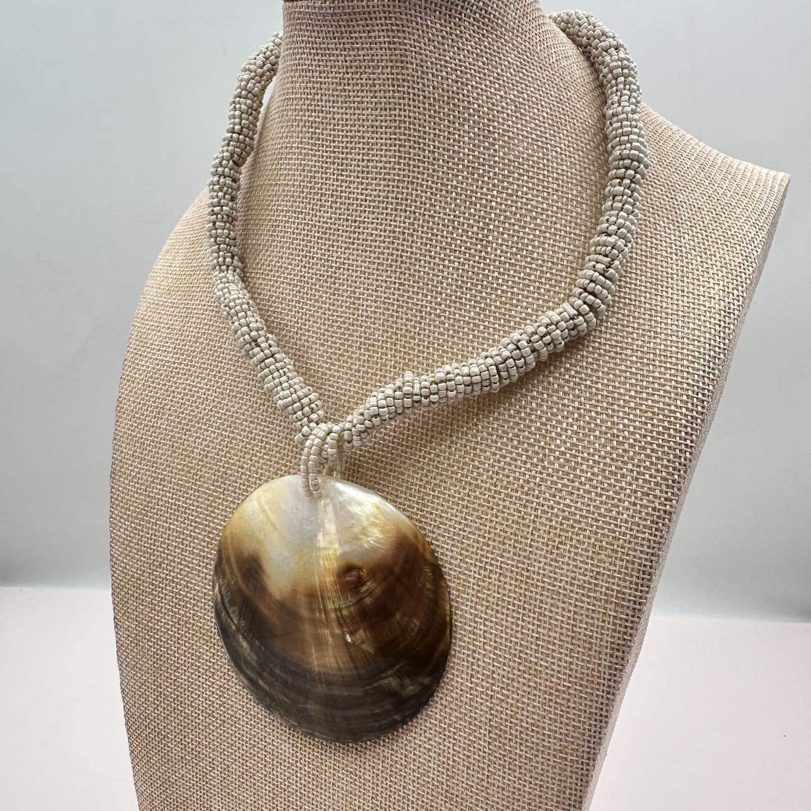 Vintage 80s Pearl Disc Necklace Braided Seed Bead Statement Classic Jewelry Boho - Thumbnail 6