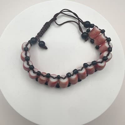 Vintage 90s Style Glass Barrel Bead Bracelet Orange & Black Cord Cuff Jewelry - Thumbnail 2