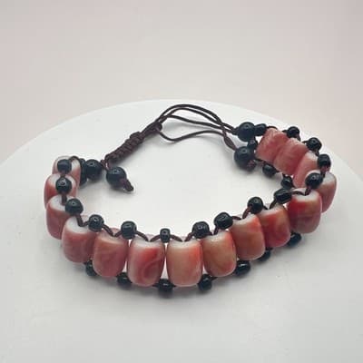 Vintage 90s Style Glass Barrel Bead Bracelet Orange & Black Cord Cuff Jewelry - Thumbnail 3