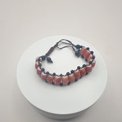 Vintage 90s Style Glass Barrel Bead Bracelet Orange & Black Cord Cuff Jewelry - Thumbnail 5