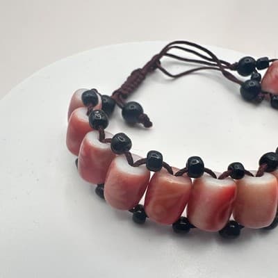Vintage 90s Style Glass Barrel Bead Bracelet Orange & Black Cord Cuff Jewelry - Thumbnail 4