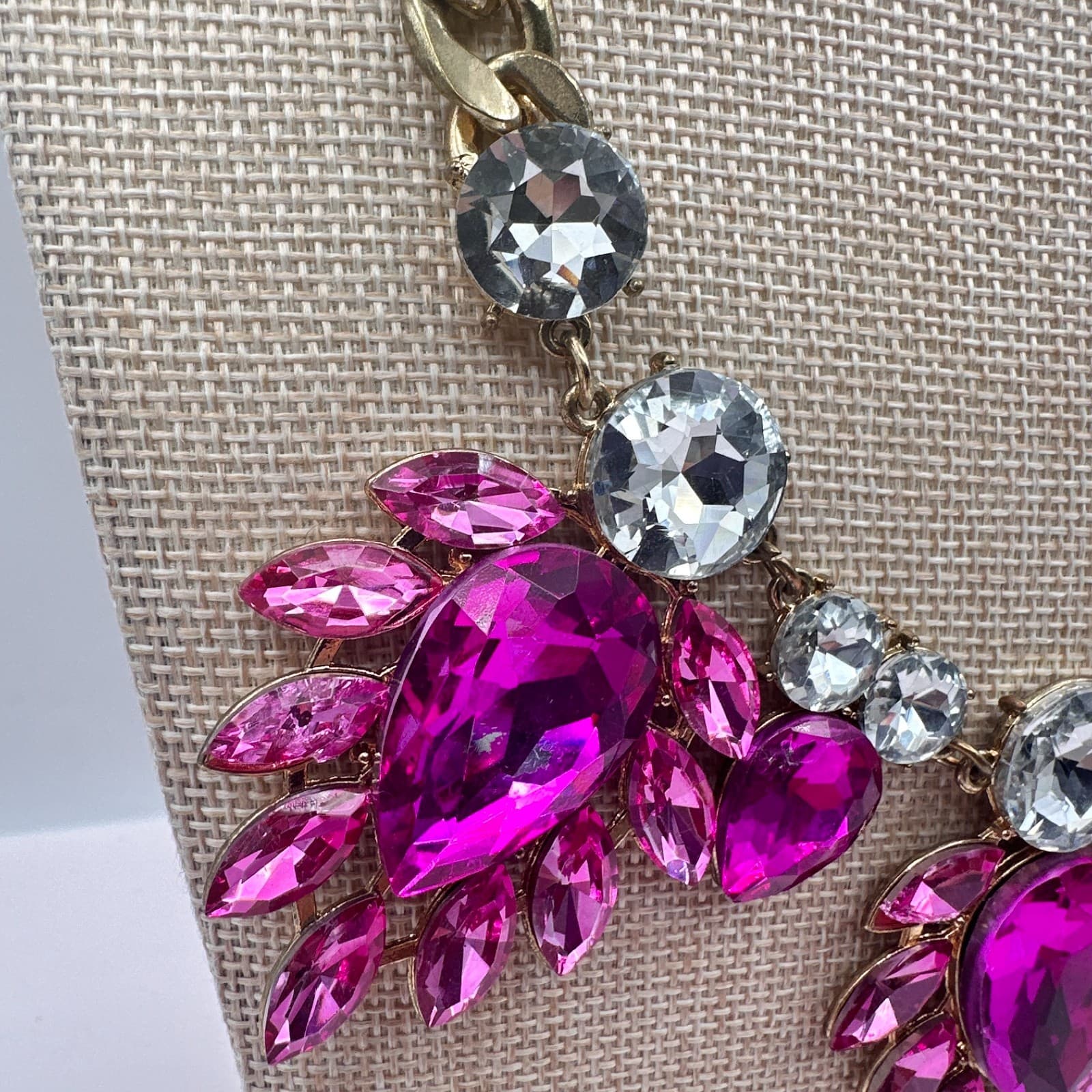 Vintage 90s Gold Tone Pink Glass Necklace Chunky Boho Statement Women Jewelry - Thumbnail 5