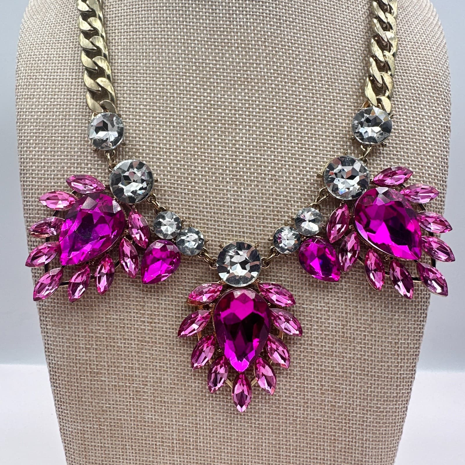 Vintage 90s Gold Tone Pink Glass Necklace Chunky Boho Statement Women Jewelry - Thumbnail 4