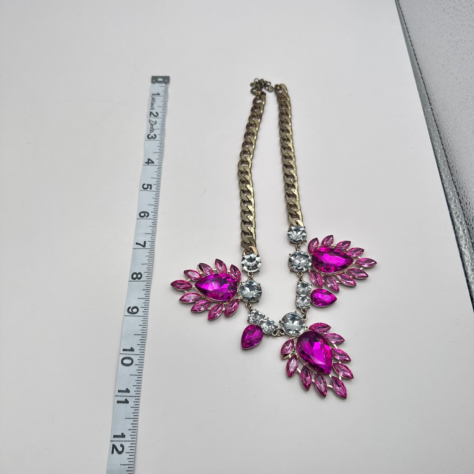 Vintage 90s Gold Tone Pink Glass Necklace Chunky Boho Statement Women Jewelry - Thumbnail 10