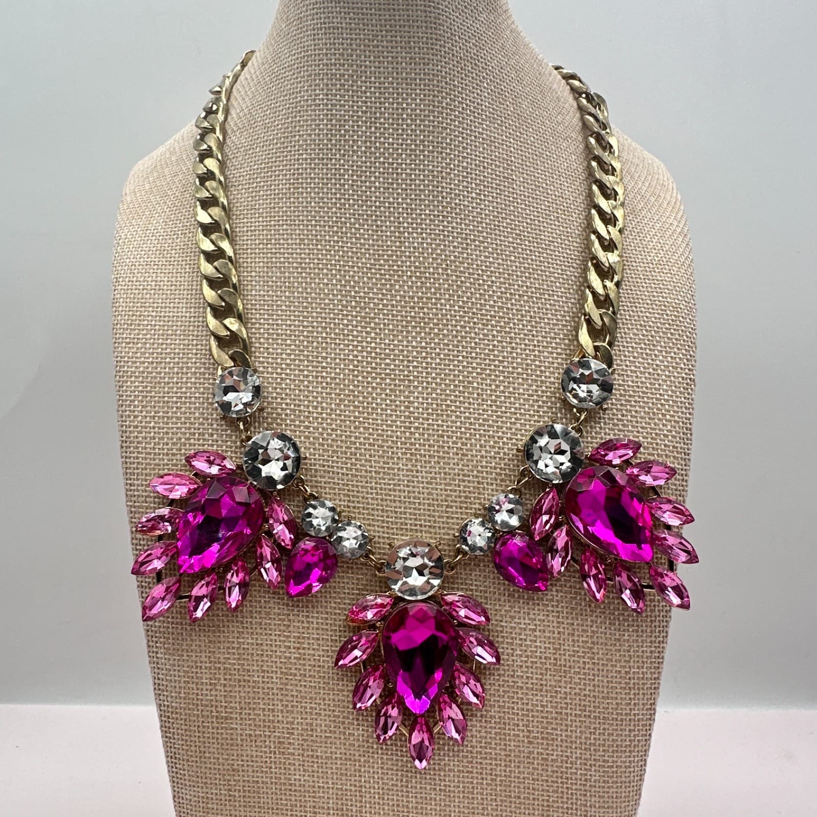 Vintage 90s Gold Tone Pink Glass Necklace Chunky Boho Statement Women Jewelry - Thumbnail 3