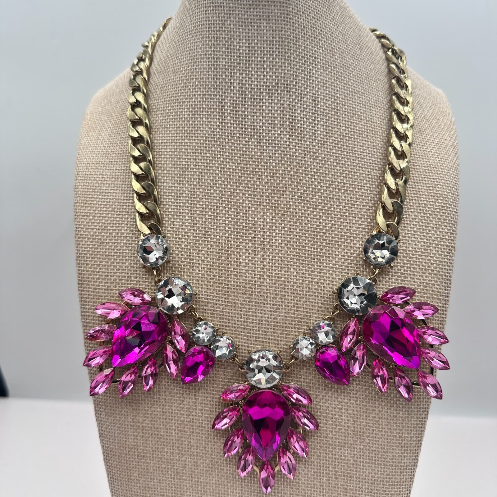 Vintage 90s Gold Tone Pink Glass Necklace Chunky Boho Statement Women Jewelry - Thumbnail 2