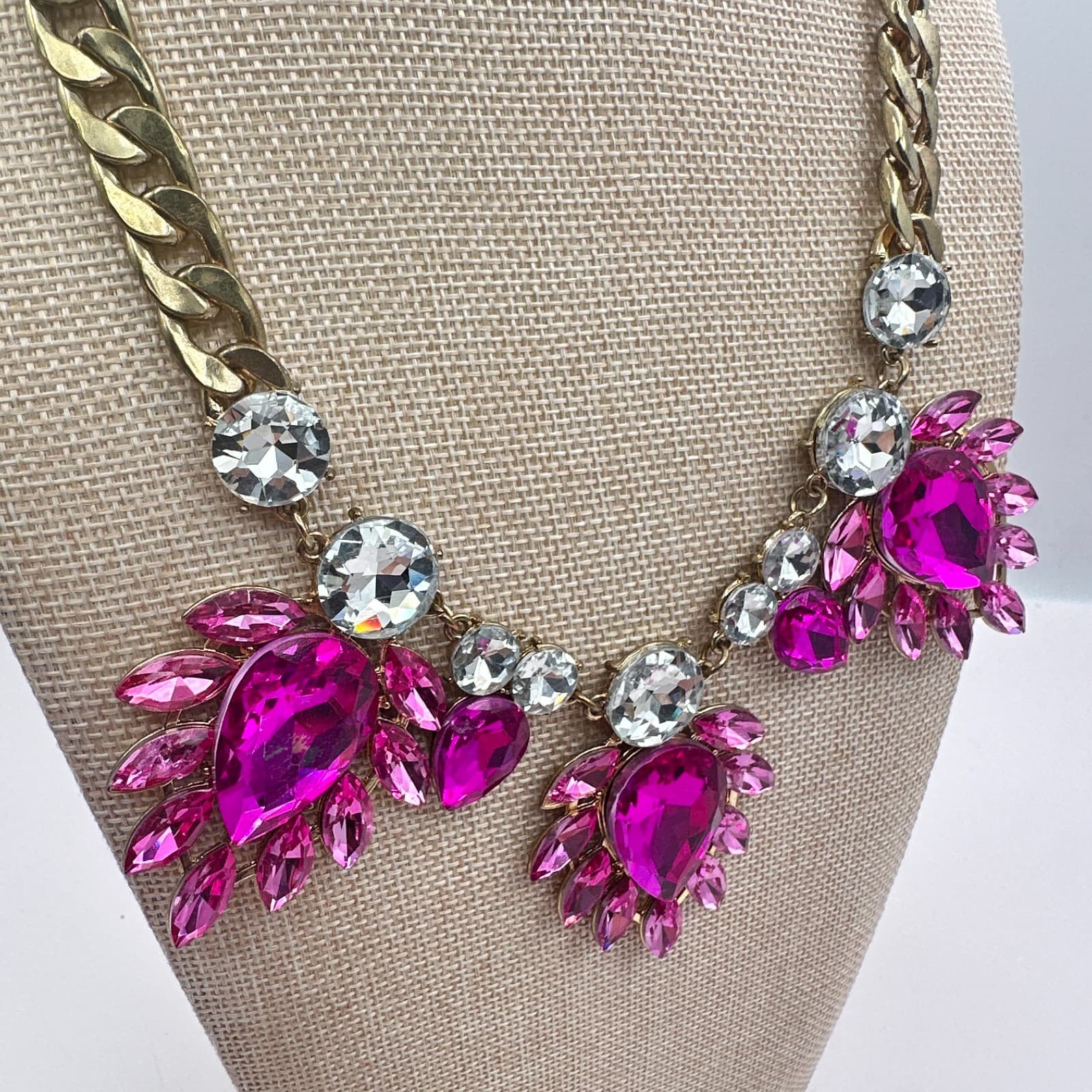 Vintage 90s Gold Tone Pink Glass Necklace Chunky Boho Statement Women Jewelry - Thumbnail 7