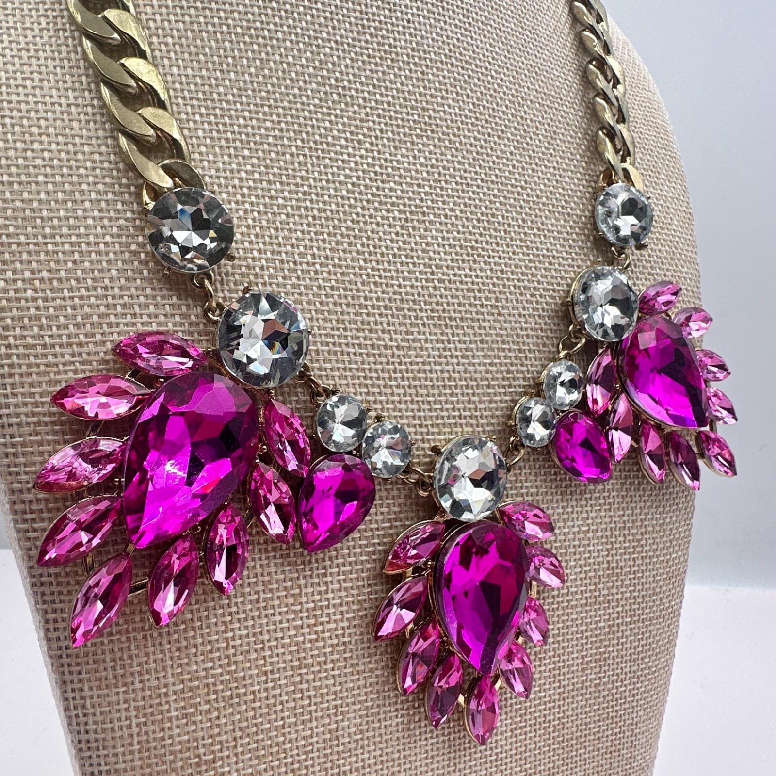 Vintage 90s Gold Tone Pink Glass Necklace Chunky Boho Statement Women Jewelry - Thumbnail 6