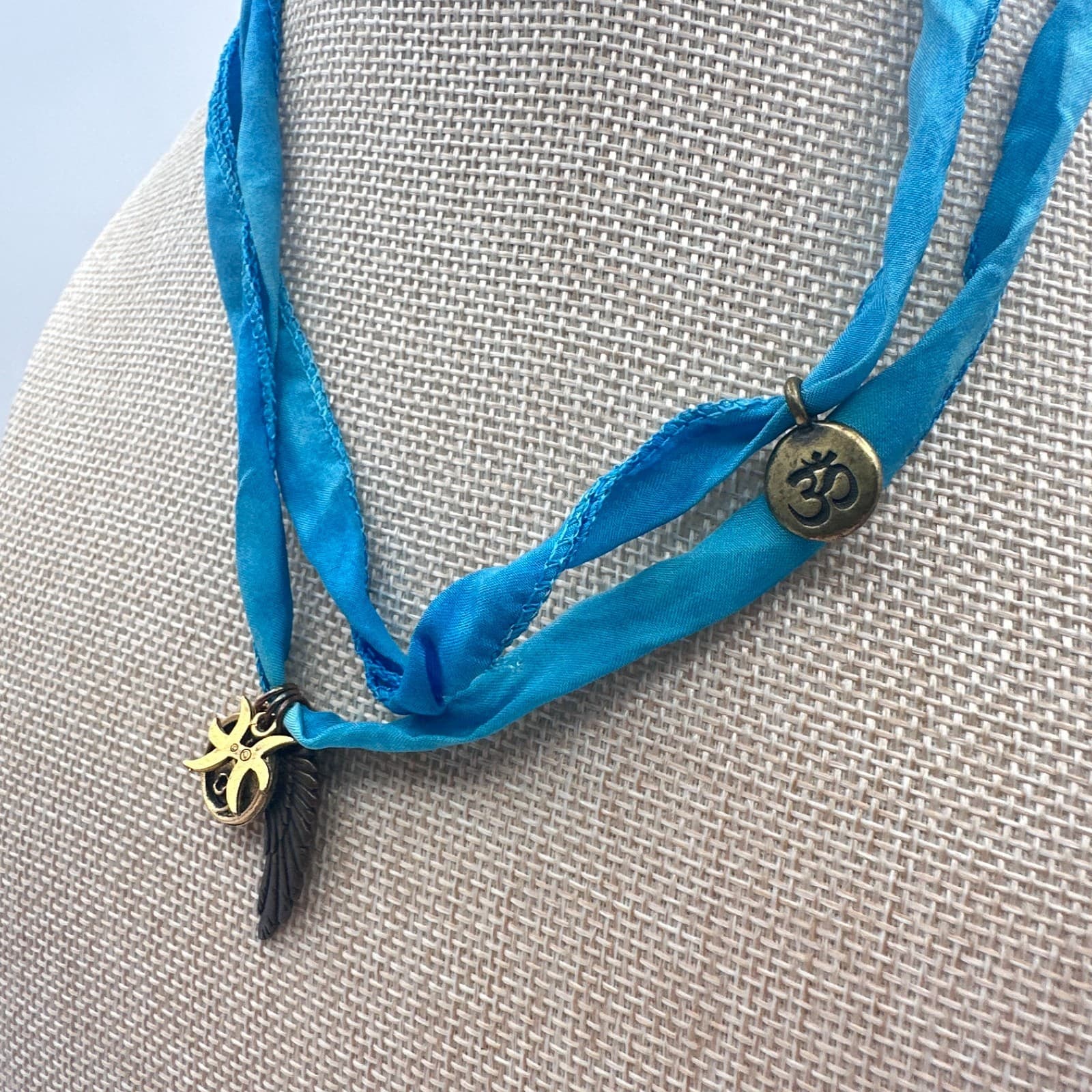 Vintage 80s Style Blue Silk Scarf Necklace Om Coin Celestial Moon Charm Jewelry