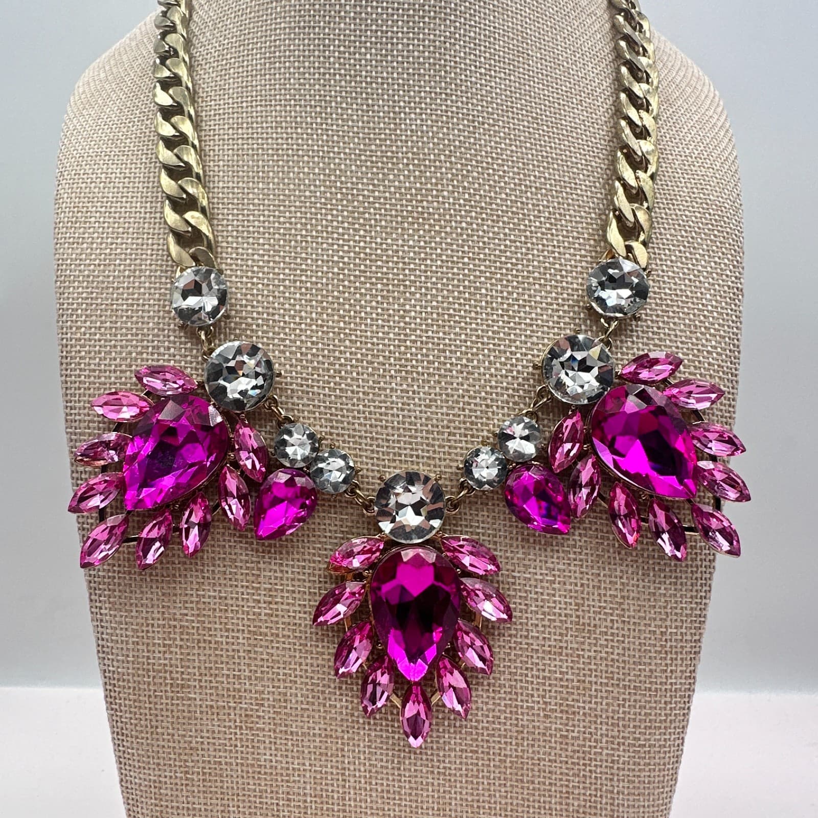 Vintage 90s Gold Tone Pink Glass Necklace Chunky Boho Statement Women Jewelry