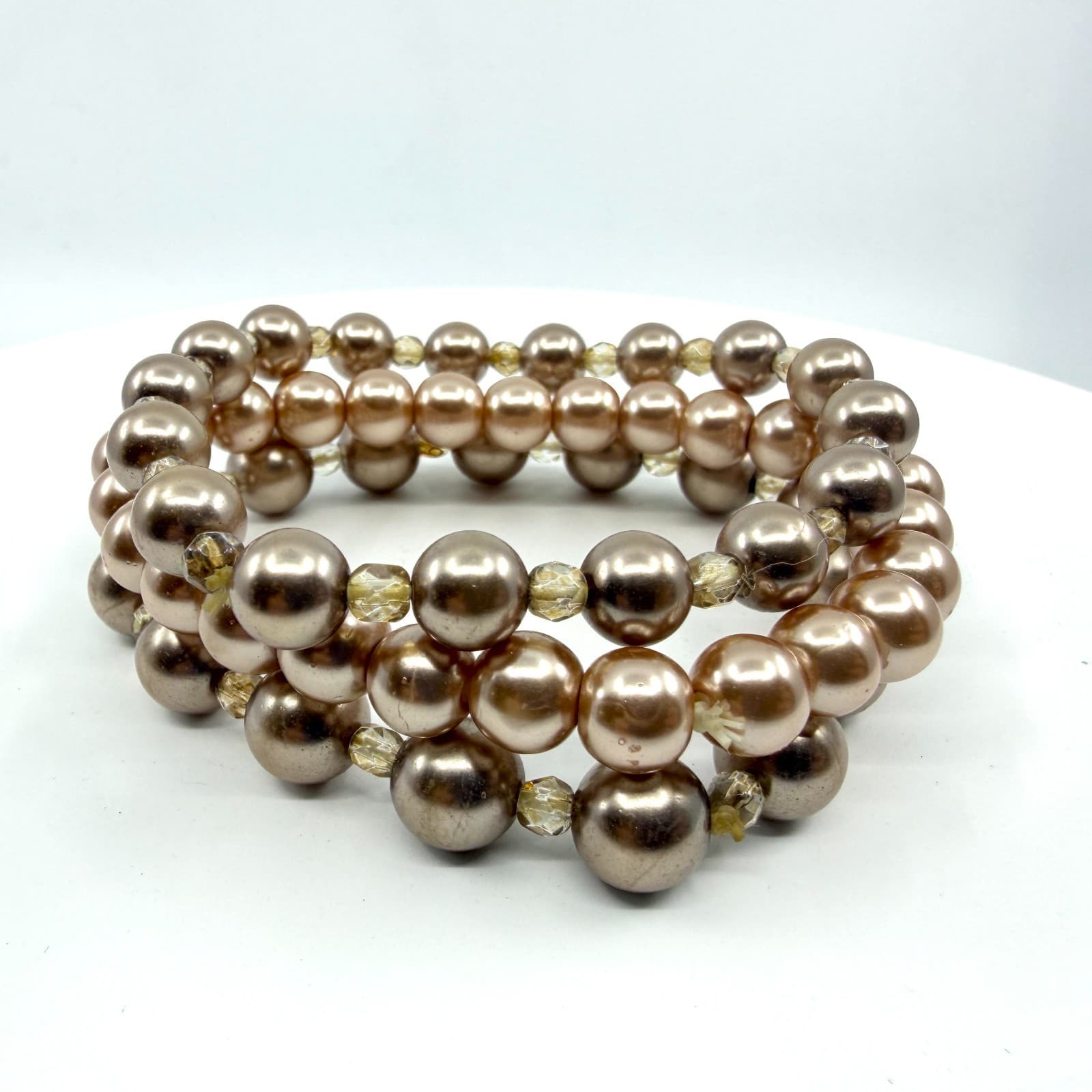 Champagne Faux Pearl Stretch Bracelet Stack Multi-Strand Layered Beaded Jewelry