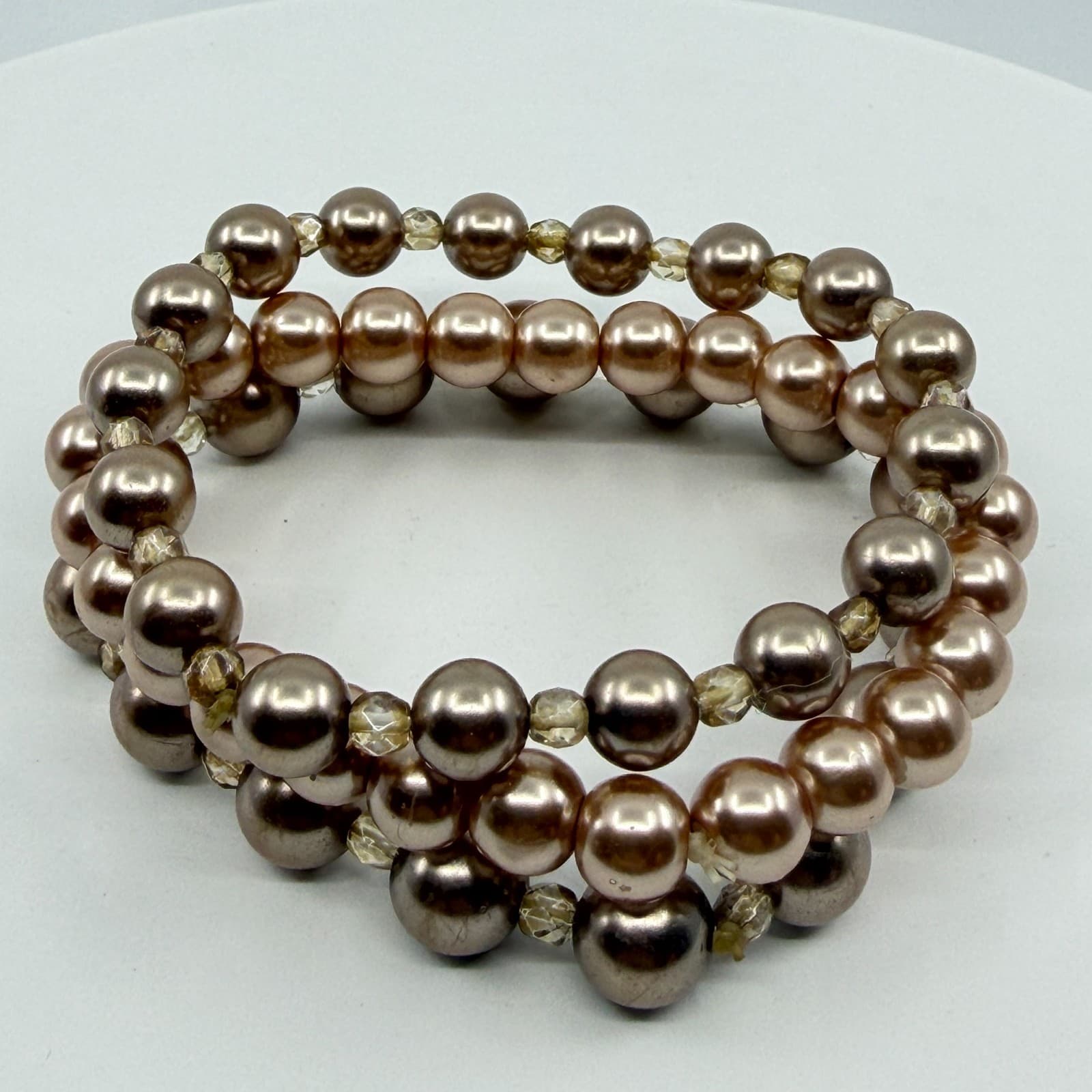 Champagne Faux Pearl Stretch Bracelet Stack Multi-Strand Layered Beaded Jewelry - Thumbnail 3