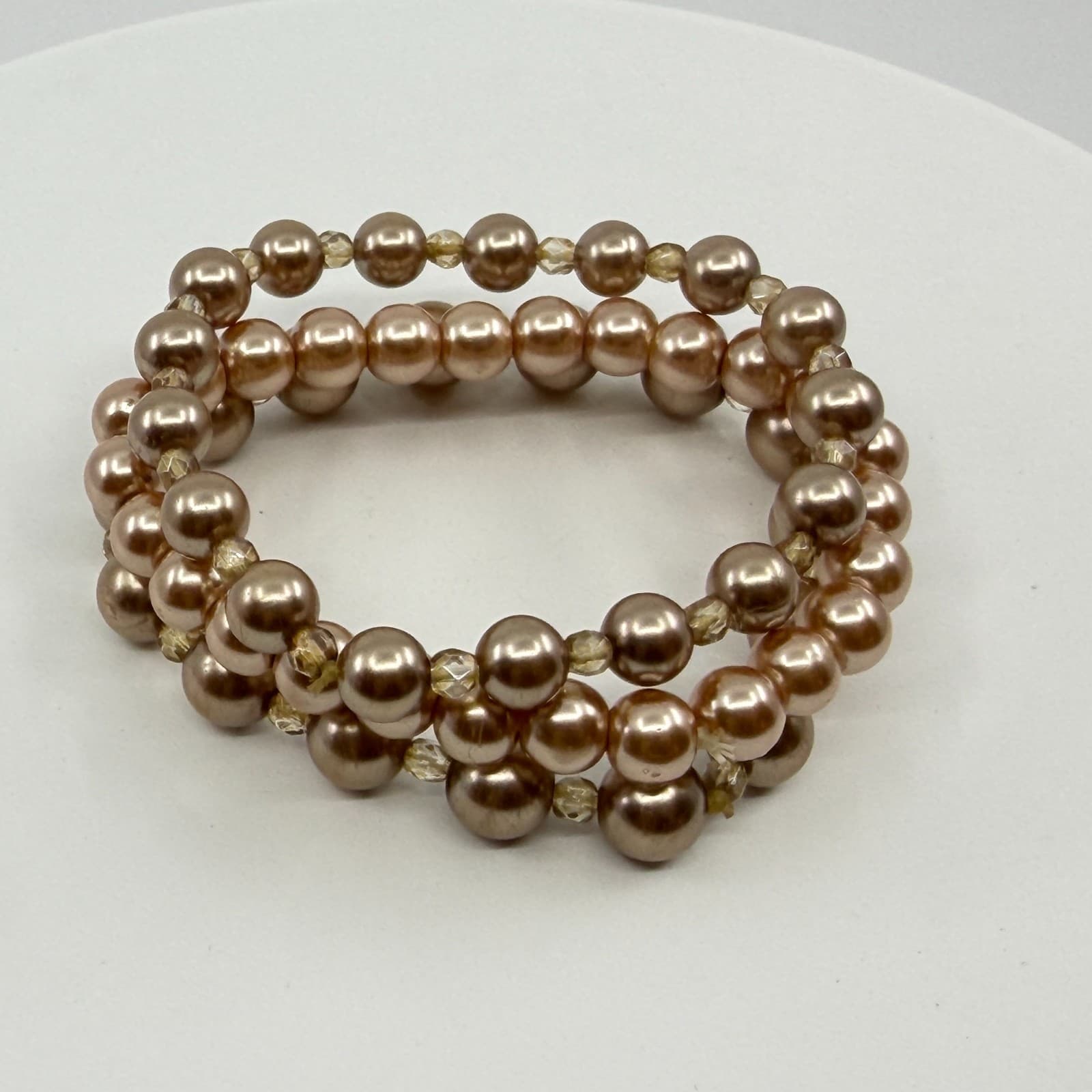 Champagne Faux Pearl Stretch Bracelet Stack Multi-Strand Layered Beaded Jewelry - Thumbnail 6