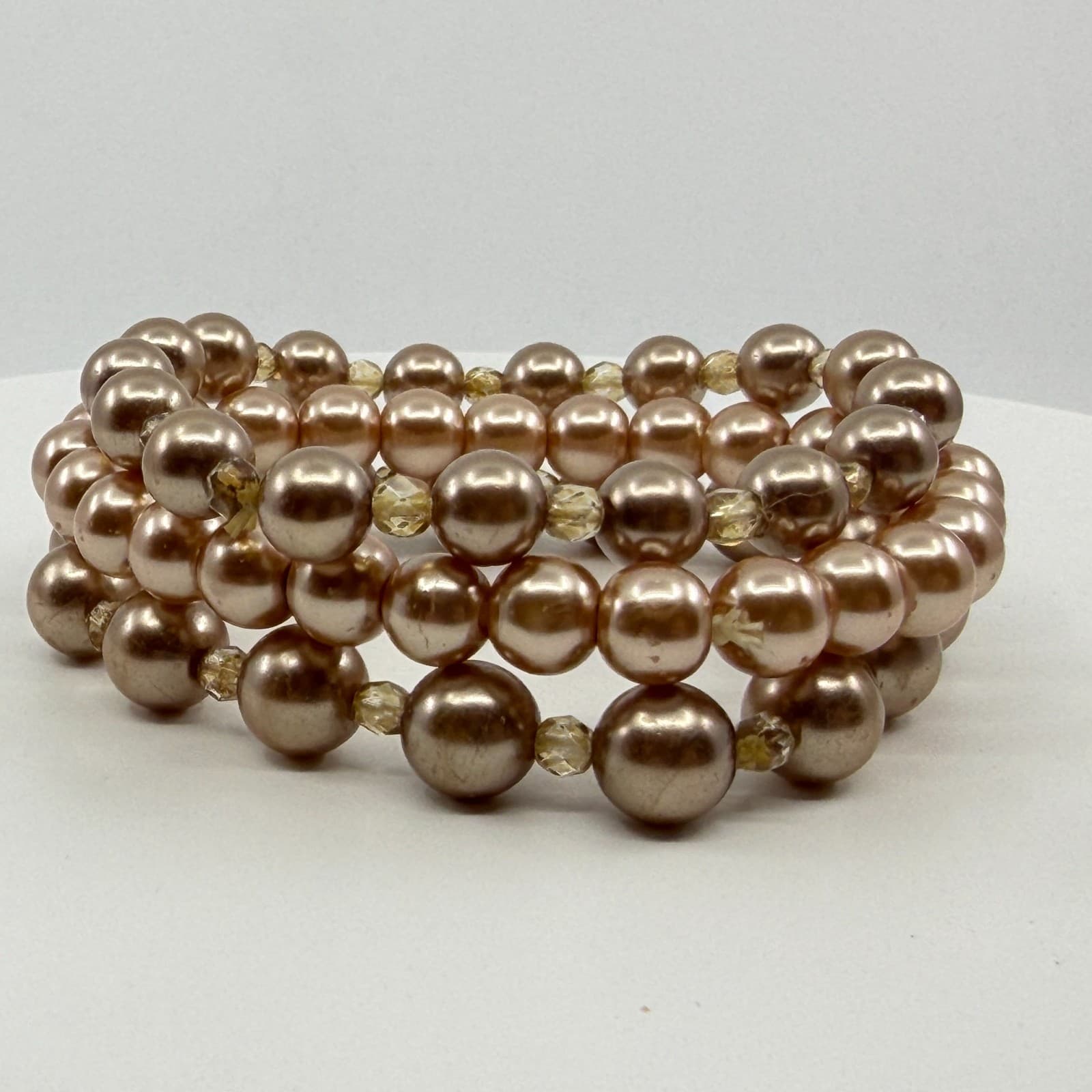 Champagne Faux Pearl Stretch Bracelet Stack Multi-Strand Layered Beaded Jewelry - Thumbnail 7