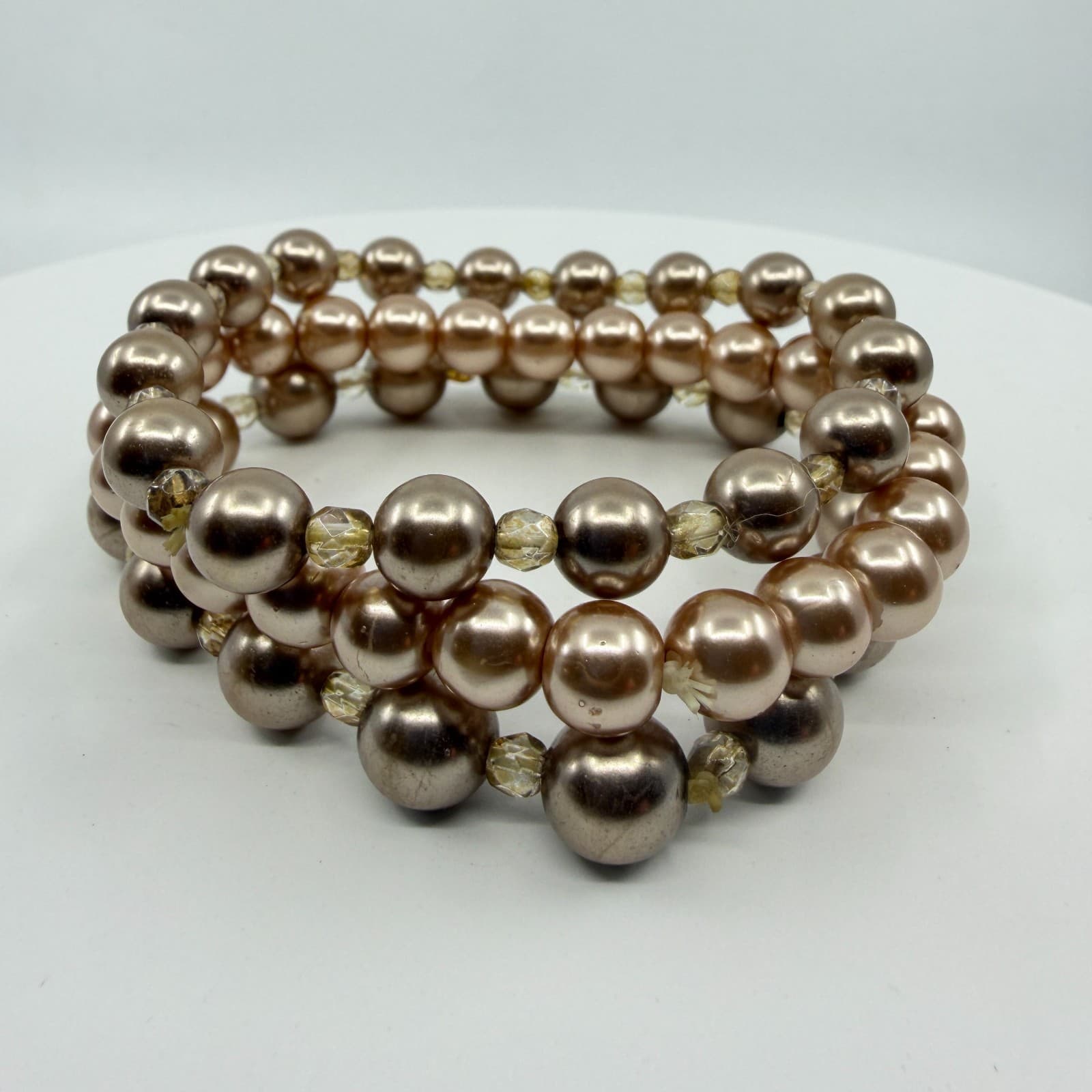 Champagne Faux Pearl Stretch Bracelet Stack Multi-Strand Layered Beaded Jewelry - Thumbnail 2