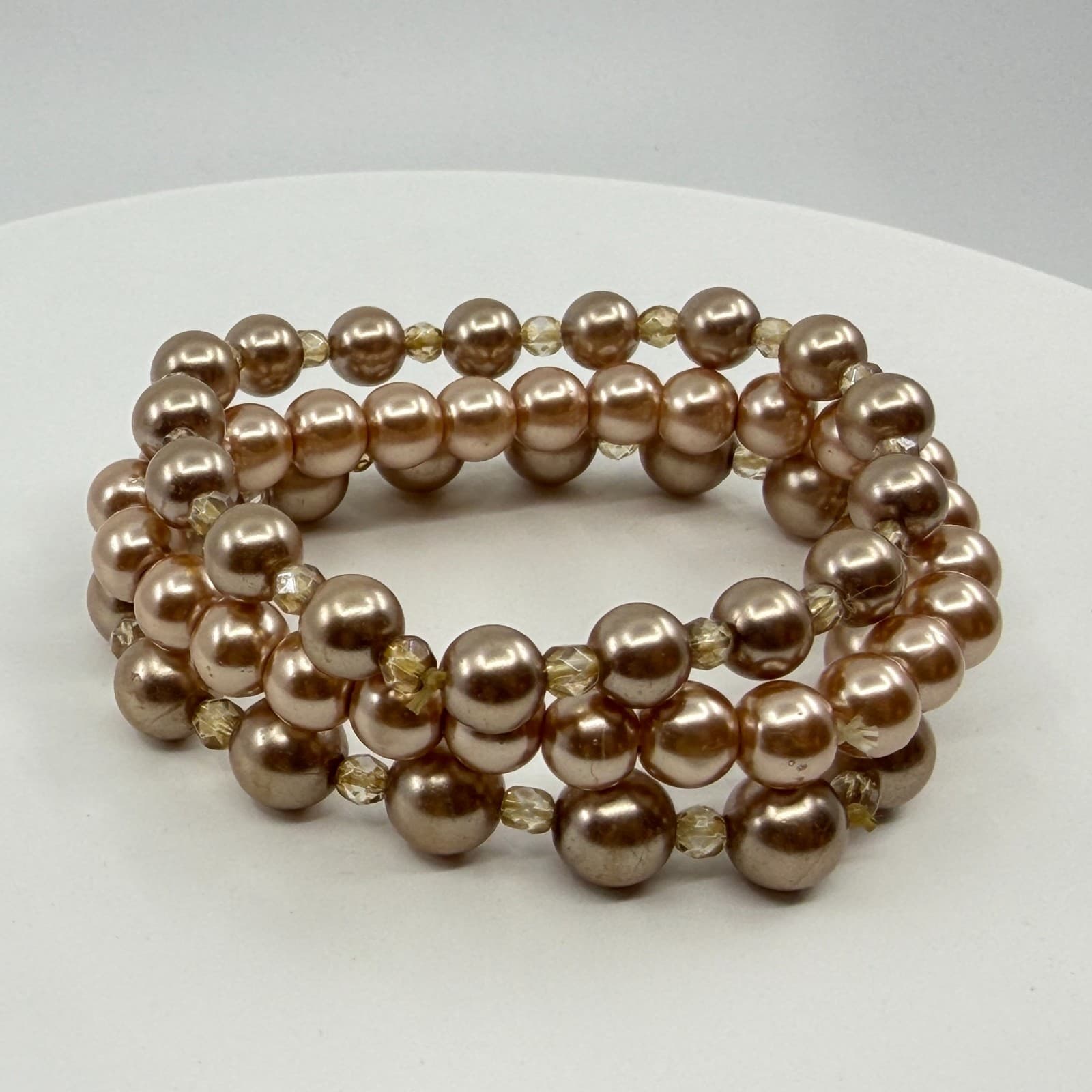 Champagne Faux Pearl Stretch Bracelet Stack Multi-Strand Layered Beaded Jewelry - Thumbnail 5
