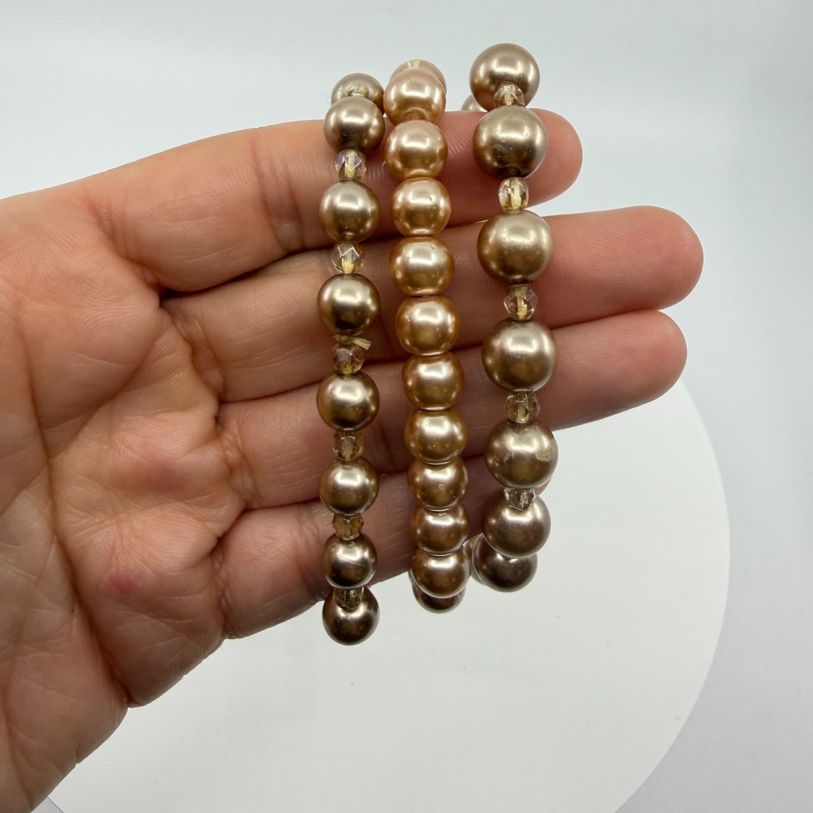 Champagne Faux Pearl Stretch Bracelet Stack Multi-Strand Layered Beaded Jewelry - Thumbnail 8