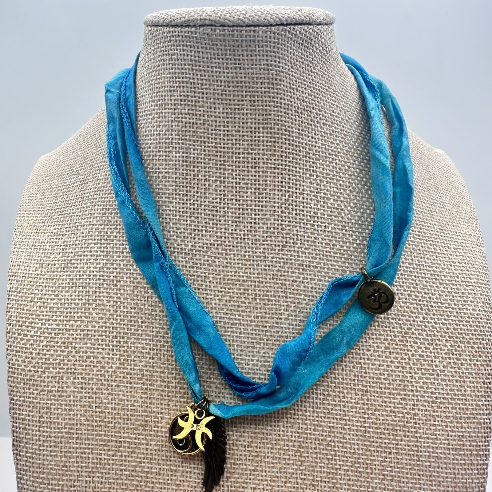 Vintage 80s Style Blue Silk Scarf Necklace Om Coin Celestial Moon Charm Jewelry - Thumbnail 6