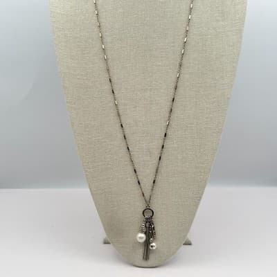 Vintage Y2K Silver Tone Tassel Faux Pearl Rhinestone Pendent Necklace Jewelry - Thumbnail 7