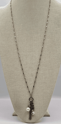 Vintage Y2K Silver Tone Tassel Faux Pearl Rhinestone Pendent Necklace Jewelry