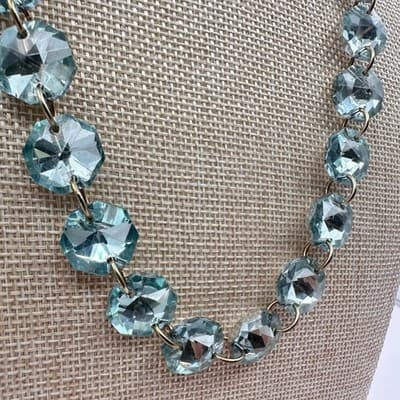 VTG 90s Gold Tone Box Chain Light Blue Round Statement Necklace Women's Jewelry - Thumbnail 4