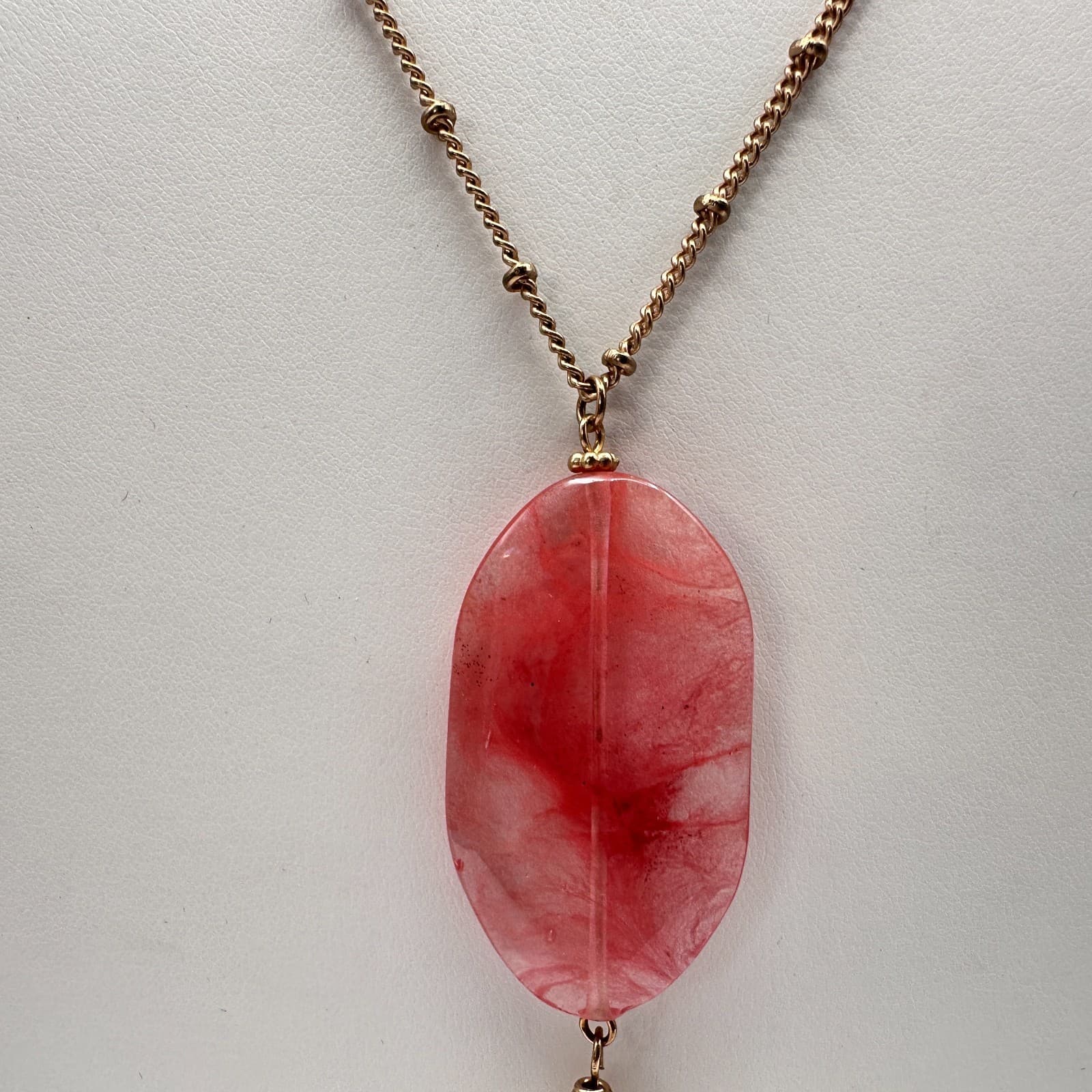 Vintage 90s Pink Stone Gold Tone Tassel Feather Necklace Women's Fashion Jewelry - Thumbnail 4