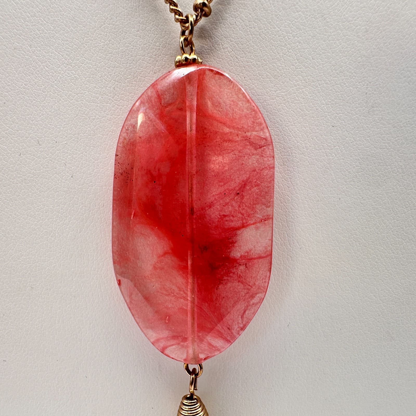 Vintage 90s Pink Stone Gold Tone Tassel Feather Necklace Women's Fashion Jewelry - Thumbnail 5