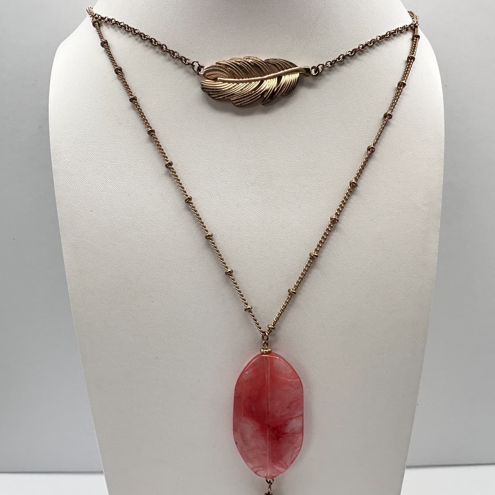 Vintage 90s Pink Stone Gold Tone Tassel Feather Necklace Women's Fashion Jewelry - Thumbnail 3