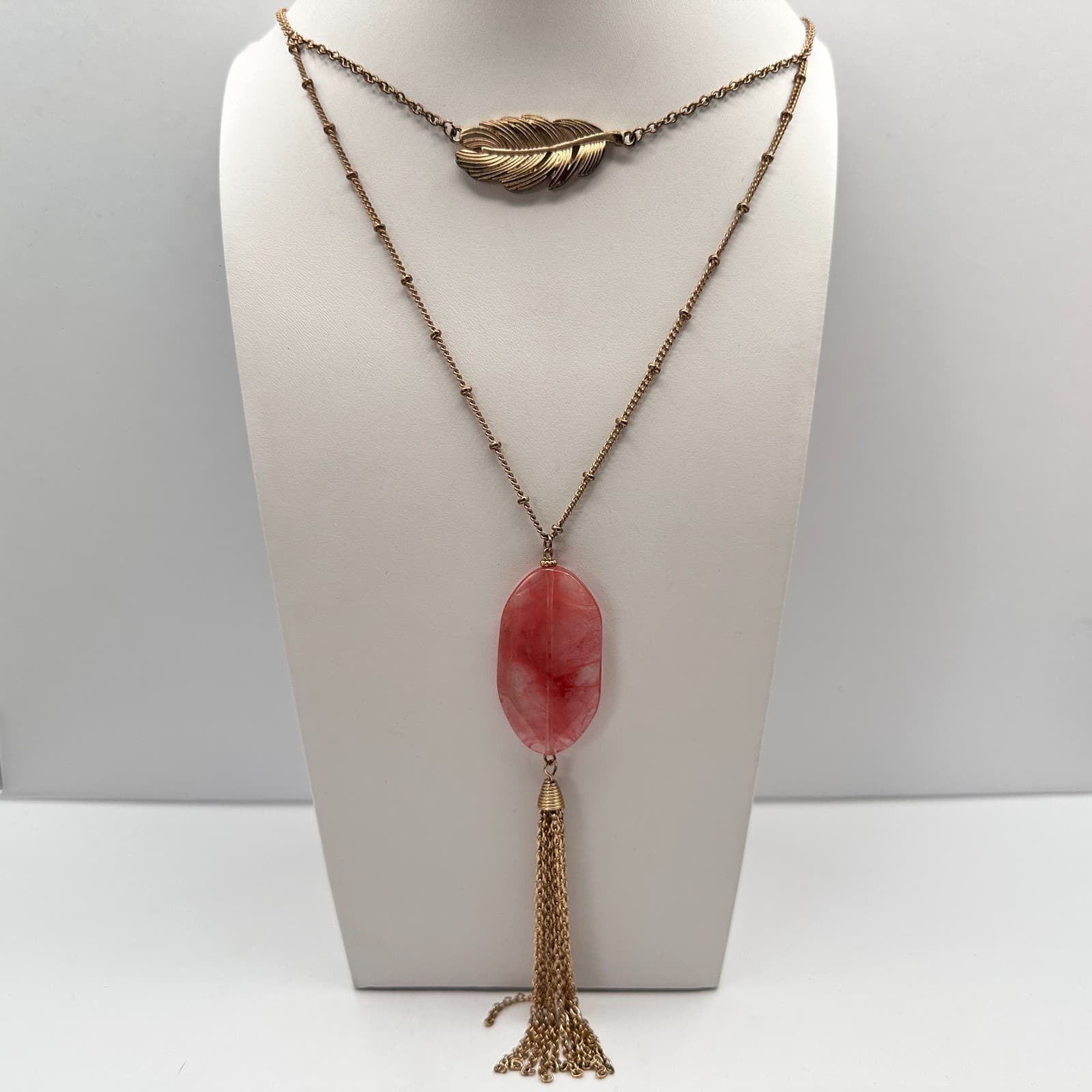 Vintage 90s Pink Stone Gold Tone Tassel Feather Necklace Women's Fashion Jewelry - Thumbnail 8