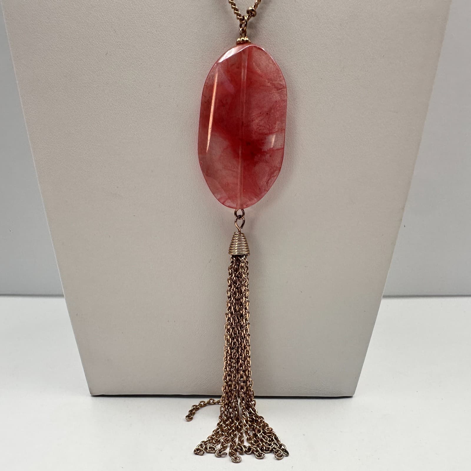 Vintage 90s Pink Stone Gold Tone Tassel Feather Necklace Women's Fashion Jewelry - Thumbnail 6