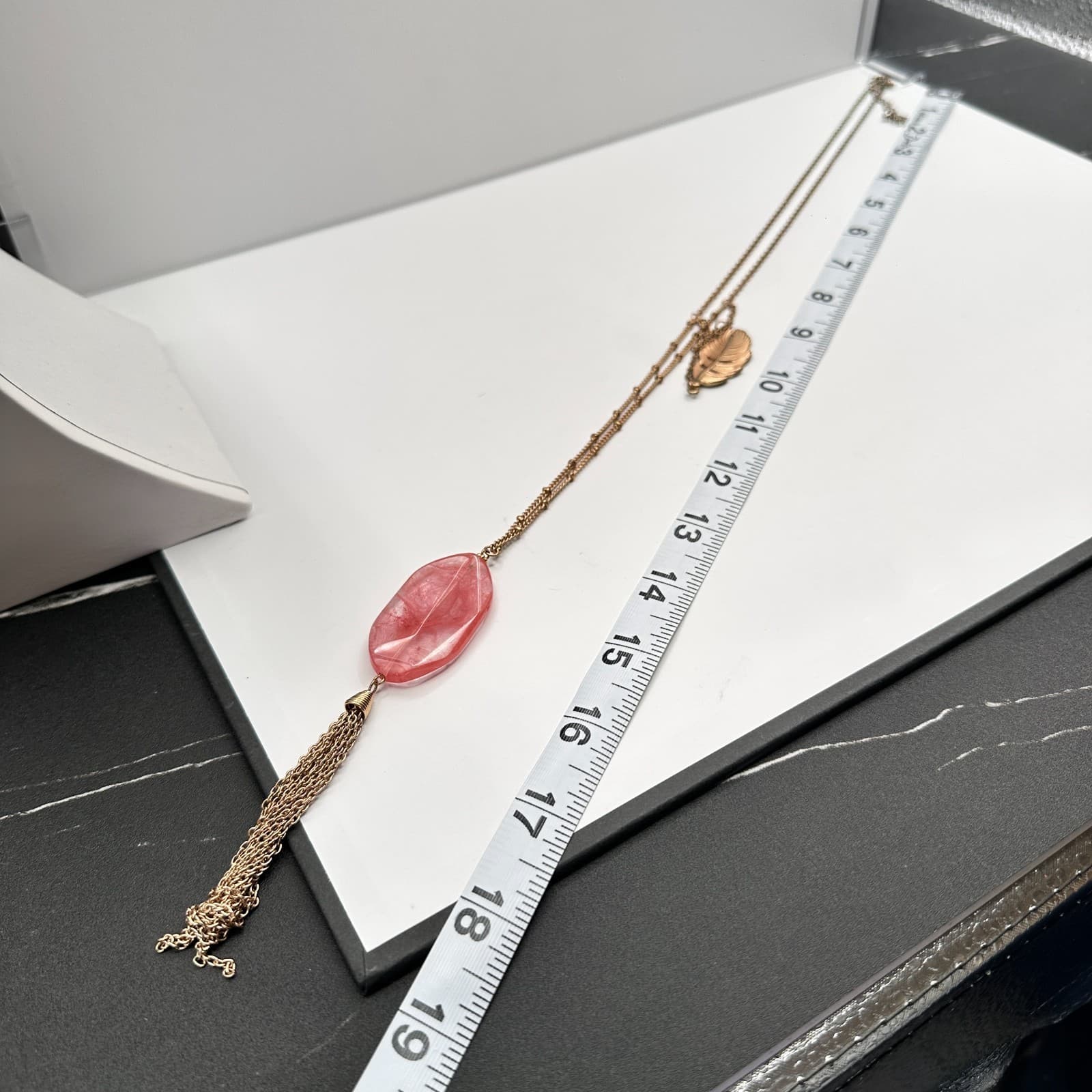 Vintage 90s Pink Stone Gold Tone Tassel Feather Necklace Women's Fashion Jewelry - Thumbnail 10