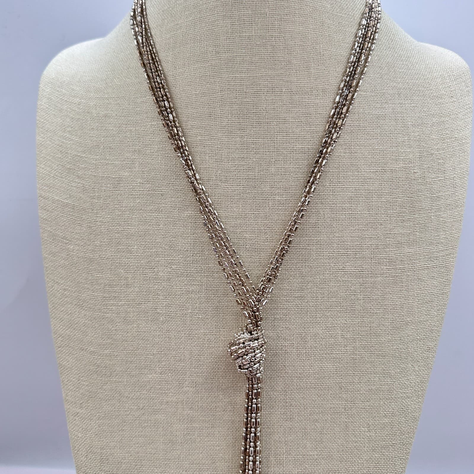 Vintage Y2K Silver Tone Multi-Strand Ball Chain Tassel Necklace Knot Jewelry 90s - Thumbnail 5