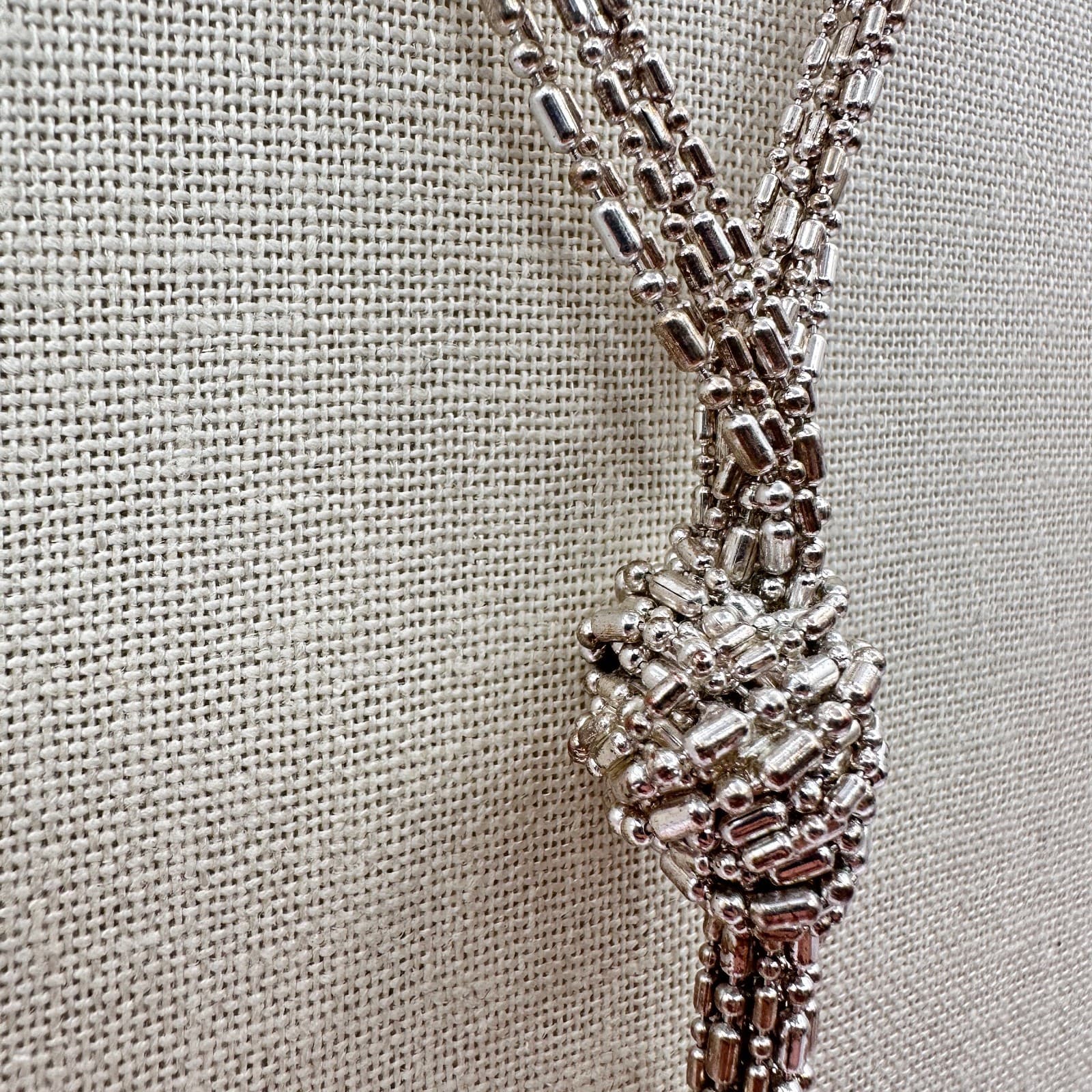 Vintage Y2K Silver Tone Multi-Strand Ball Chain Tassel Necklace Knot Jewelry 90s - Thumbnail 3