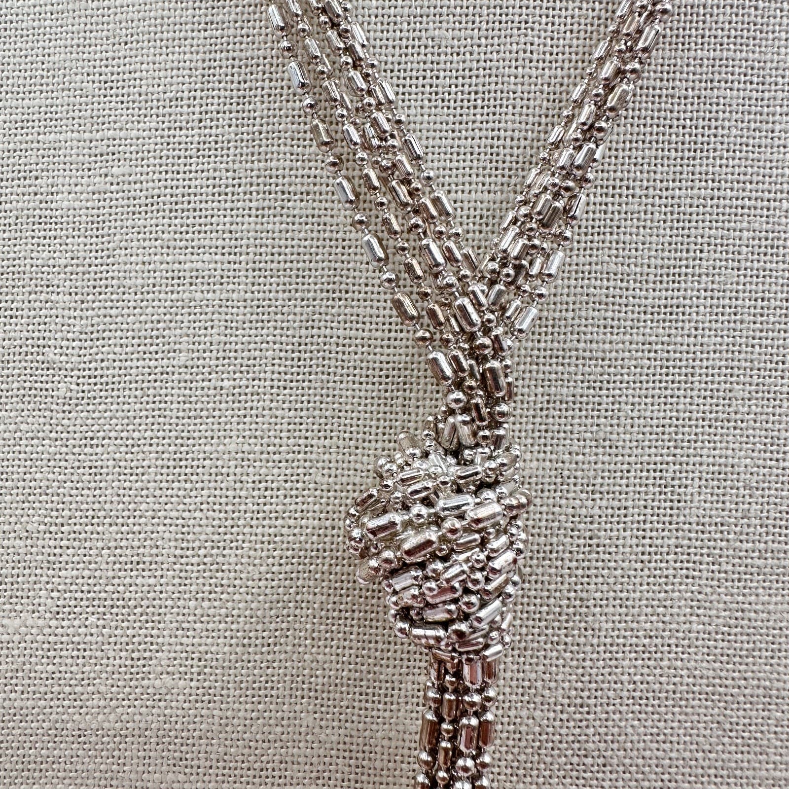 Vintage Y2K Silver Tone Multi-Strand Ball Chain Tassel Necklace Knot Jewelry 90s - Thumbnail 2