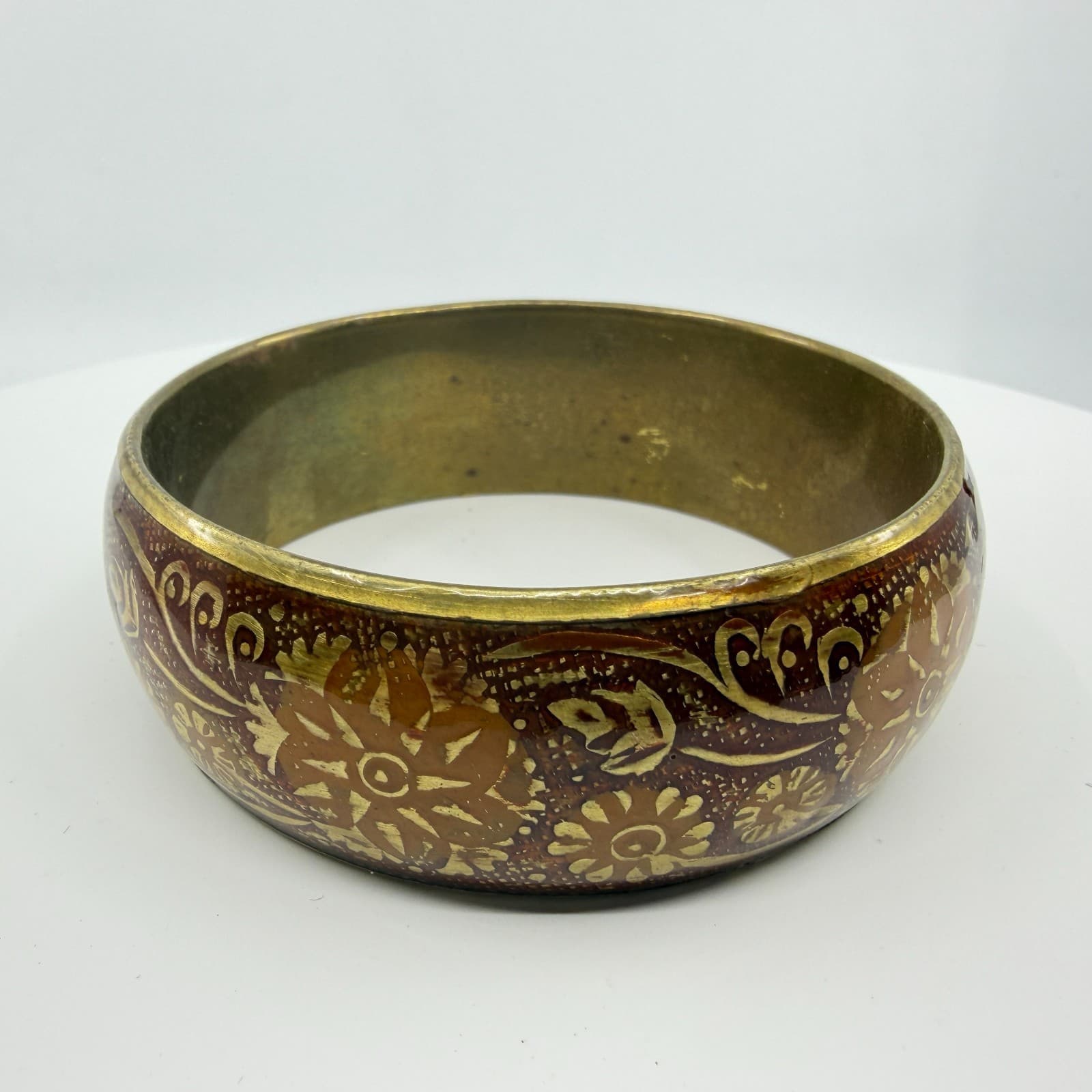 Bohemian Brass Tone Floral Enamel Bangle Bracelet Chunky Statement Festival Gift - Thumbnail 2