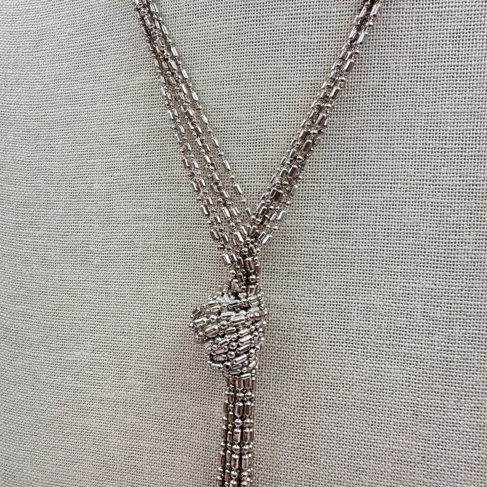 Vintage Y2K Silver Tone Multi-Strand Ball Chain Tassel Necklace Knot Jewelry 90s - Thumbnail 4