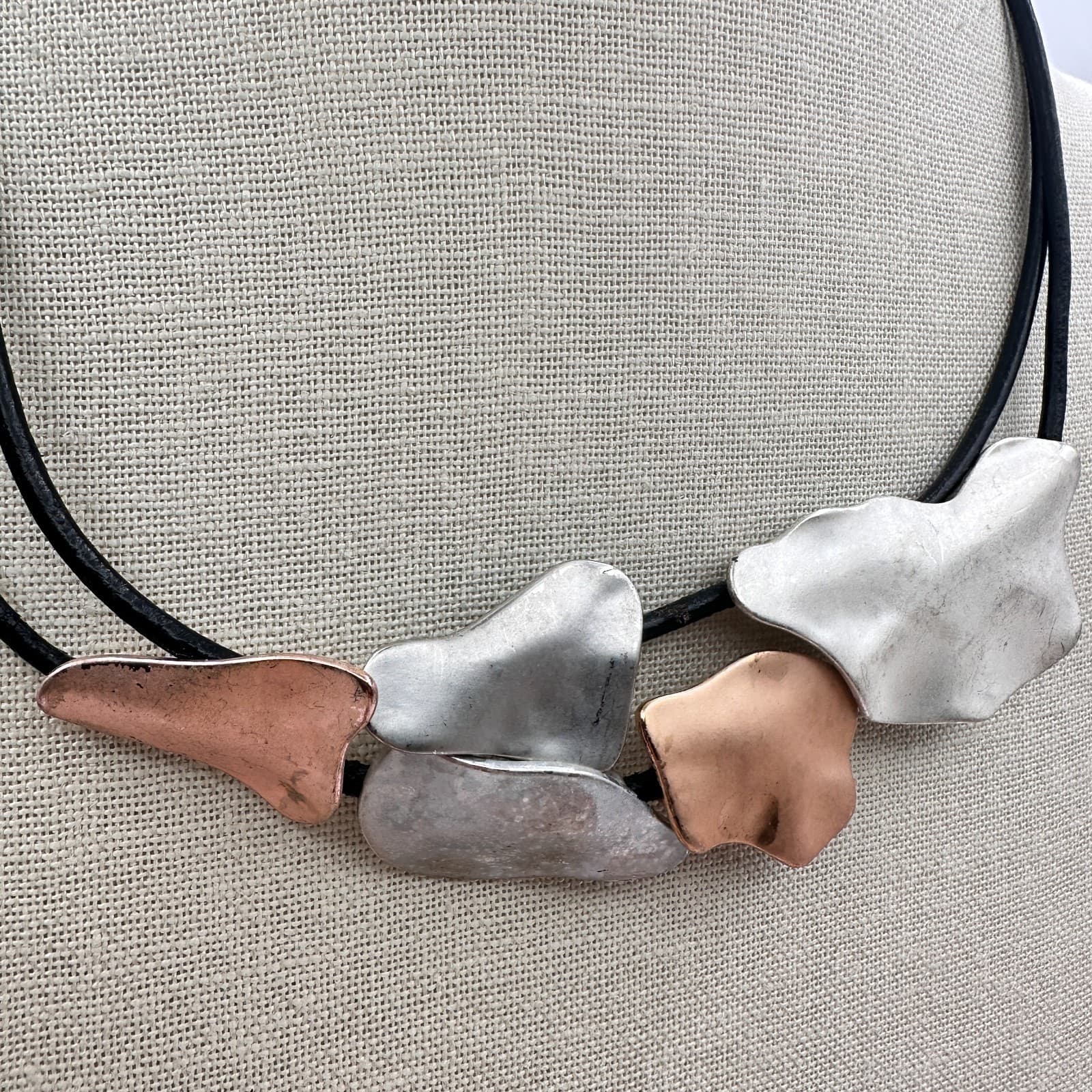 Vintage Y2K Boho Abstract Pebble Statement Necklace Double Strand Cord Jewelry - Thumbnail 4