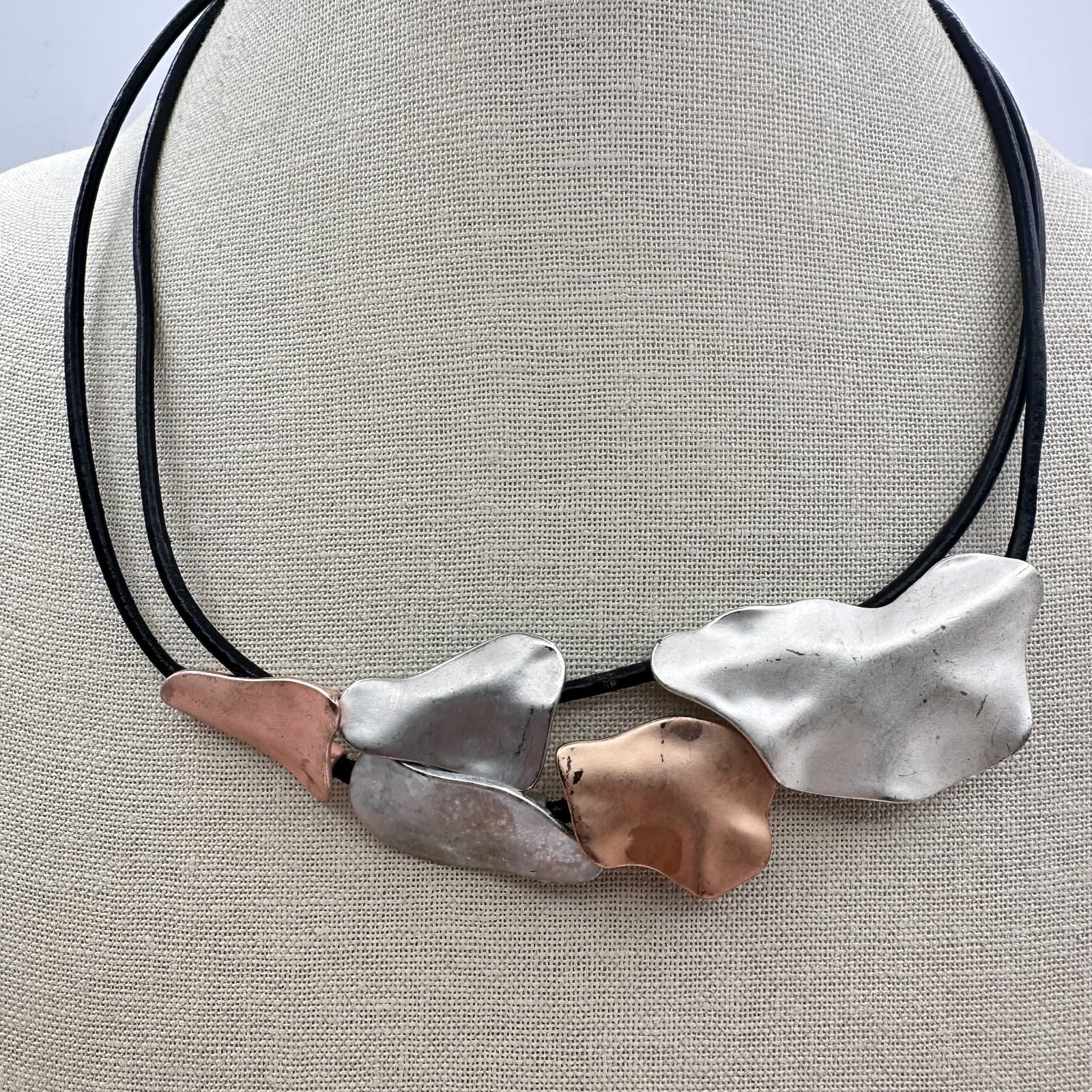 Vintage Y2K Boho Abstract Pebble Statement Necklace Double Strand Cord Jewelry - Thumbnail 2