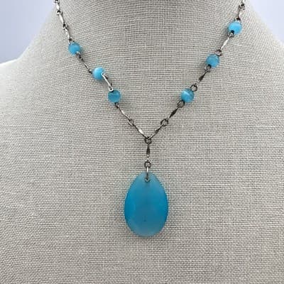Vintage Y2K Avon Blue Teardrop Pendant Necklace Silver Tone Statement Jewelry - Thumbnail 6