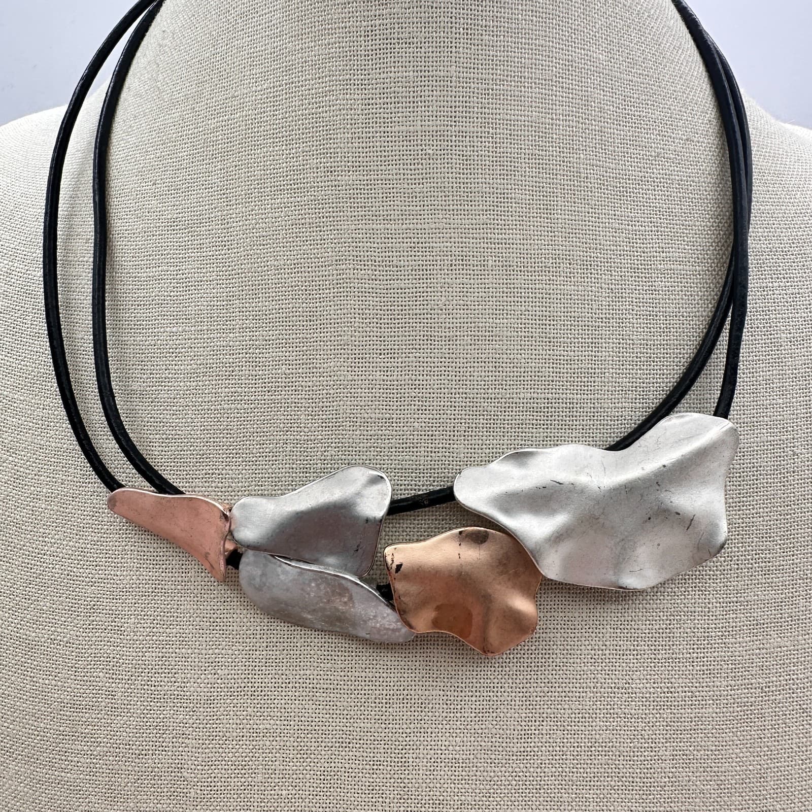 Vintage Y2K Boho Abstract Pebble Statement Necklace Double Strand Cord Jewelry - Thumbnail 3
